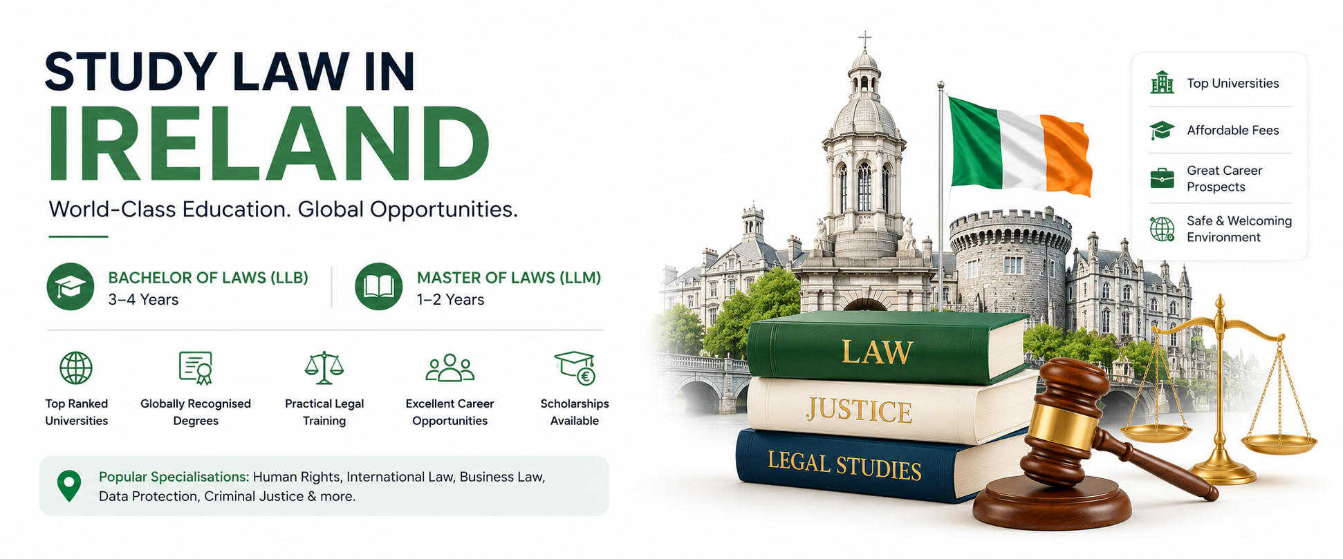 Study Bachelor’s and Master’s in Law in Ireland: Universities, Fees, Eligibility, Career Opportunities & Scholarships